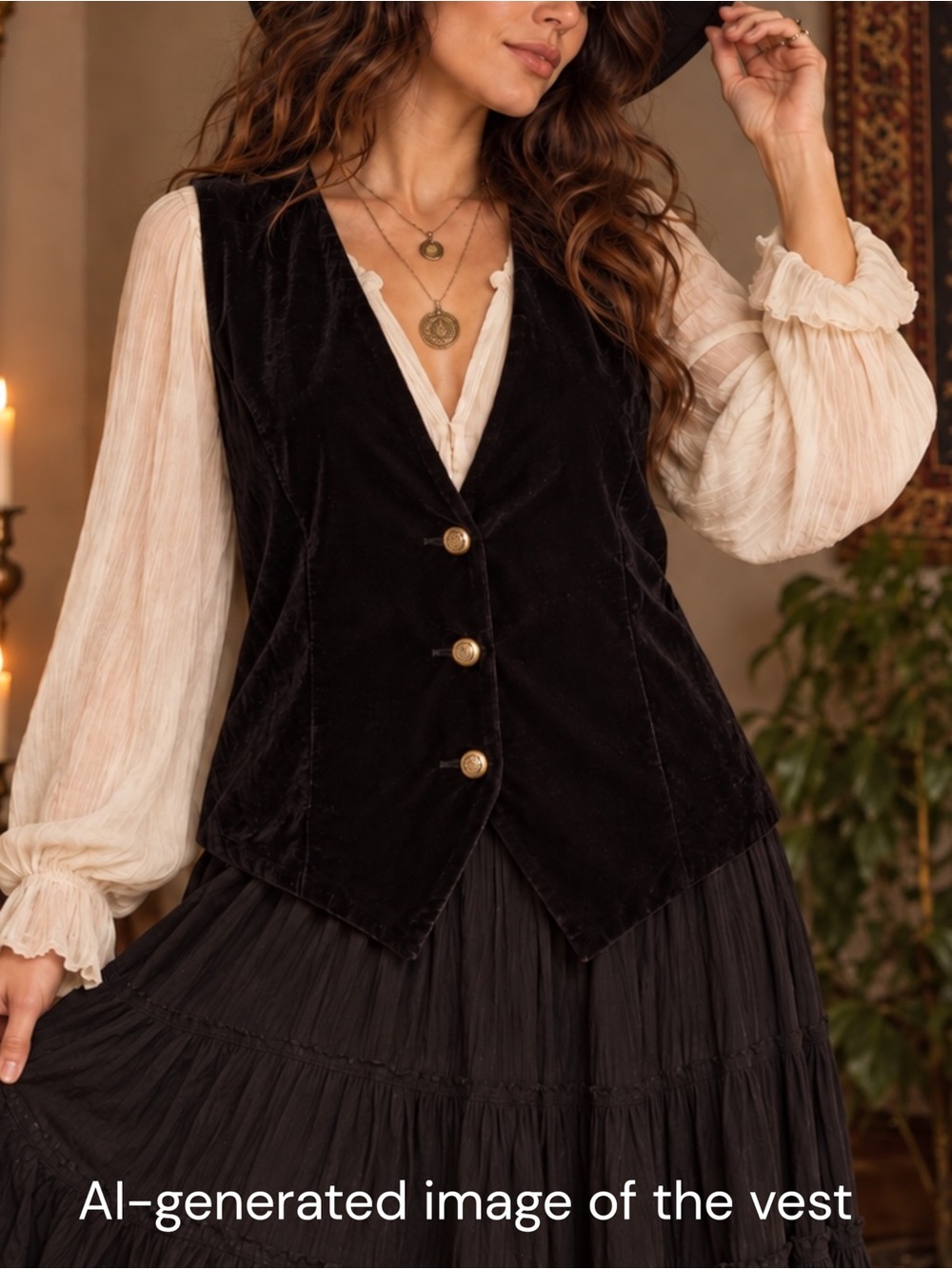 Vintage Black Velvet Waistcoat Vest Sz 14 Gold Buttons Witchy Stevie Nicks EUC